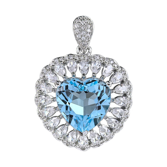 Romantic Rhodium-Plated 925 Sterling Silver Heart Pendant Natural Sky Blue Topaz