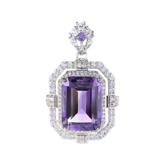 925 Silver Natural Amethyst Pendant for Women Dazzling Rhodium Plated Emerald Cut Charm Pendants Fine Jewelry Gift