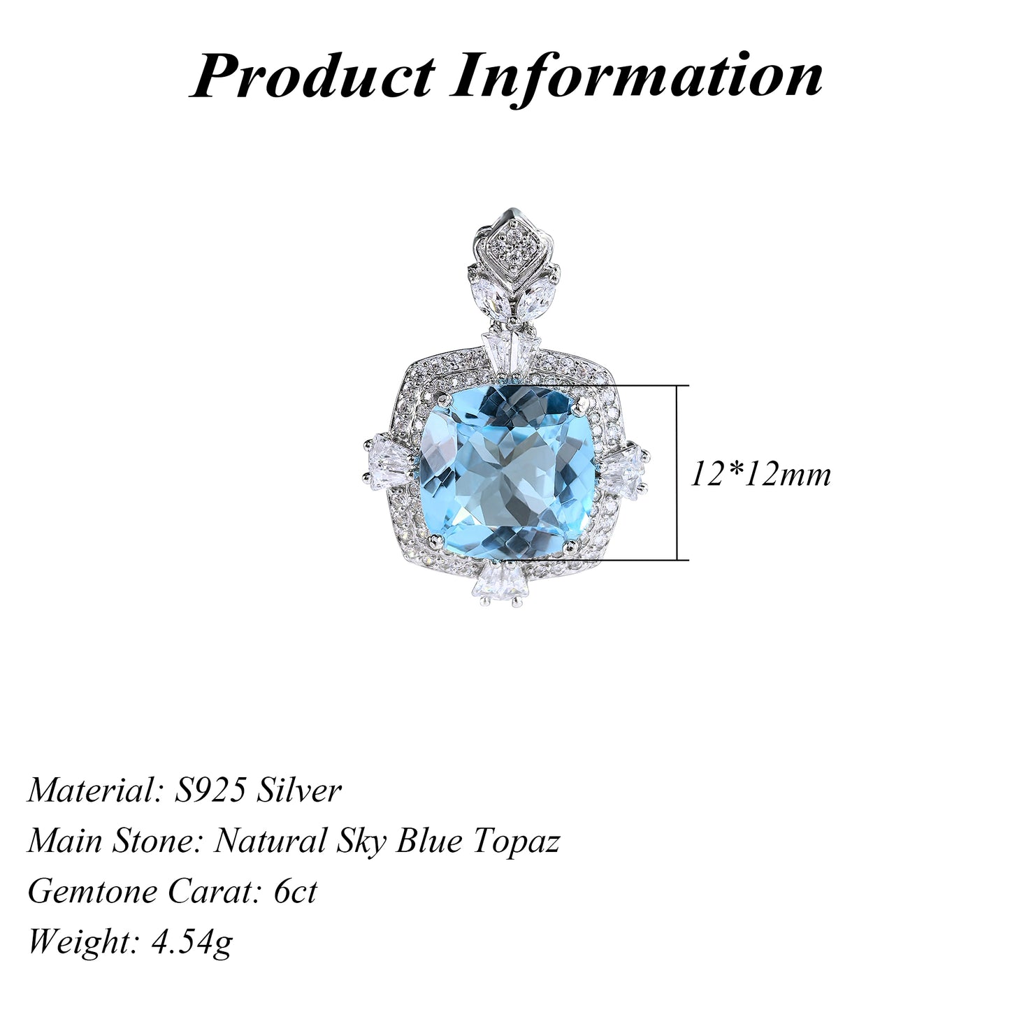 Delicate Rhodium Plated 925 Sterling Silver Natural Sky Blue Topaz Pendant