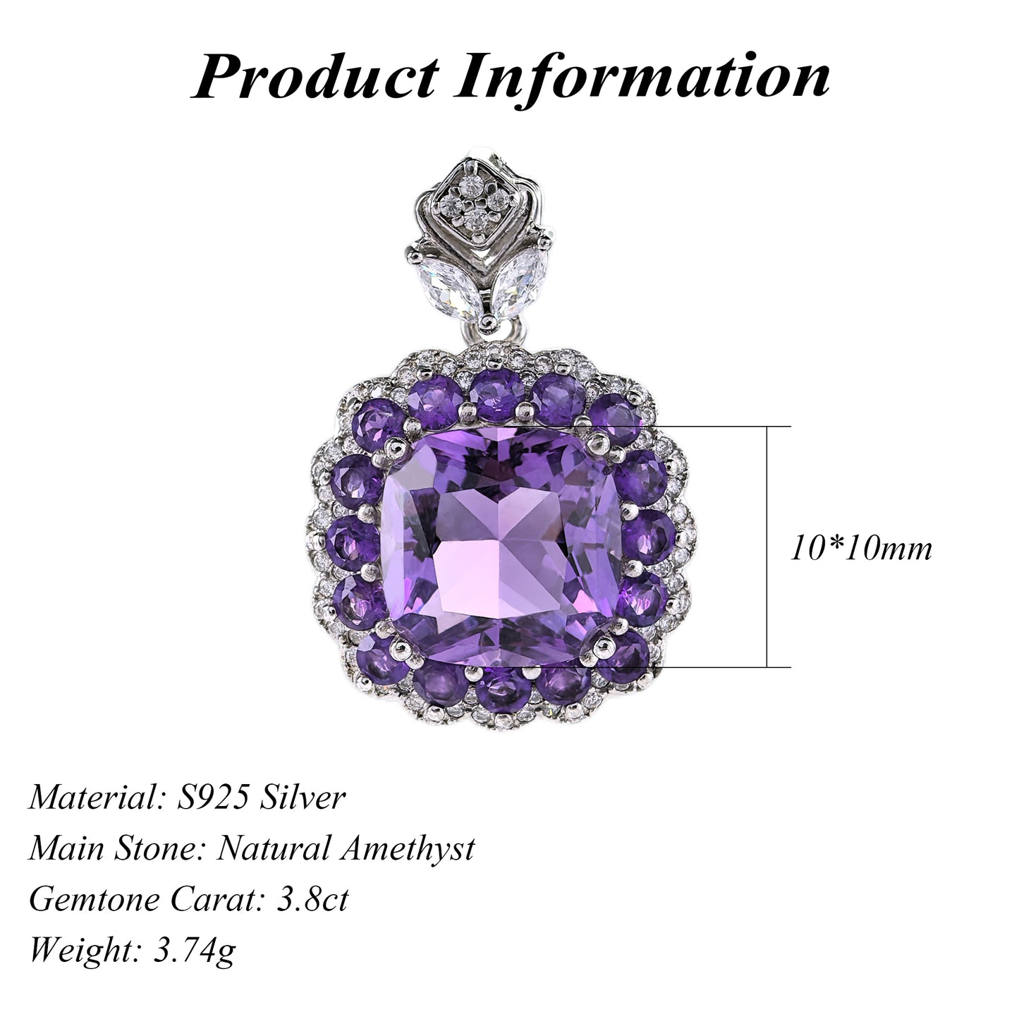Elegant Rhodium Plated Sterling Silver 925 Natural Amethyst Pendant