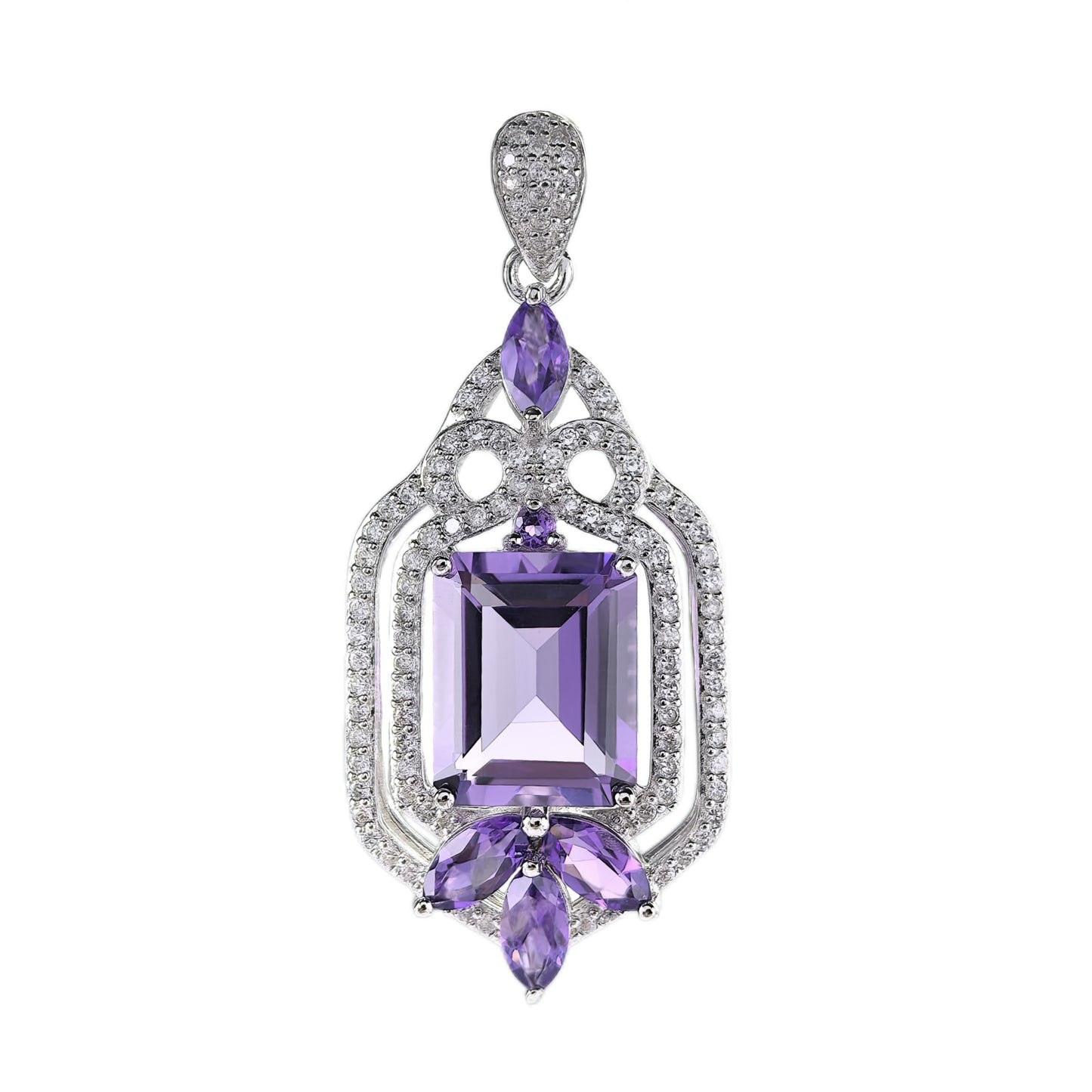 Delicate Rhodium Plated 925 Silver Pendant with Emerald Cut Natural Amethyst