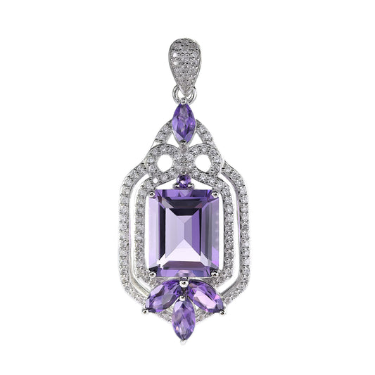Delicate Rhodium Plated 925 Silver Pendant with Emerald Cut Natural Amethyst