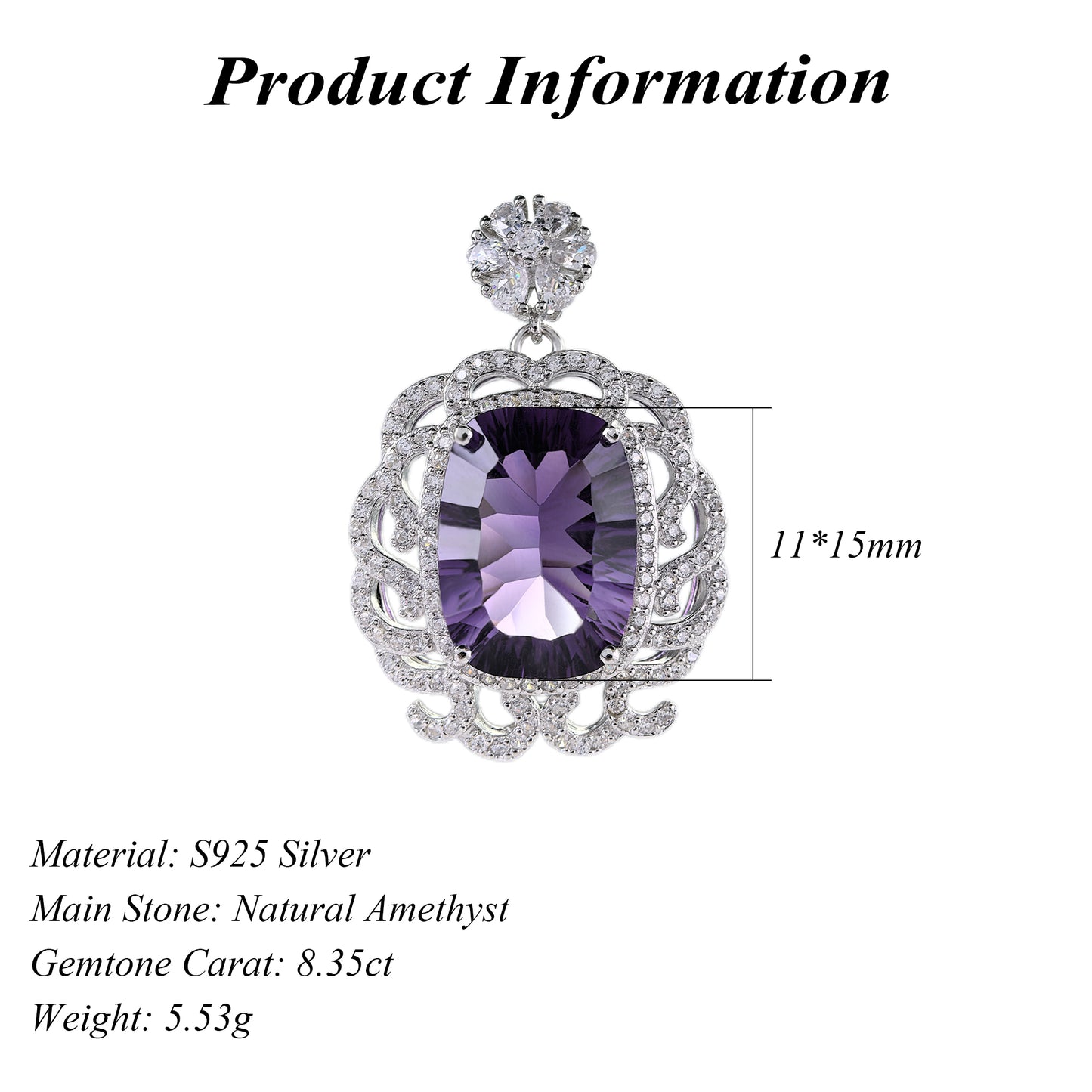 Unique Rhodium Plated 925 Sterling Silver Natural Amethyst Pendant