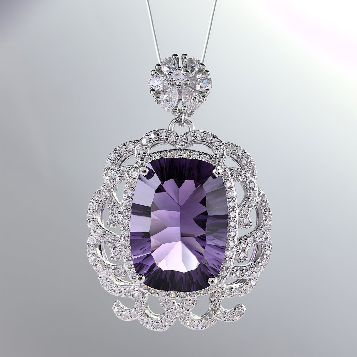 Unique Rhodium Plated 925 Sterling Silver Natural Amethyst Pendant