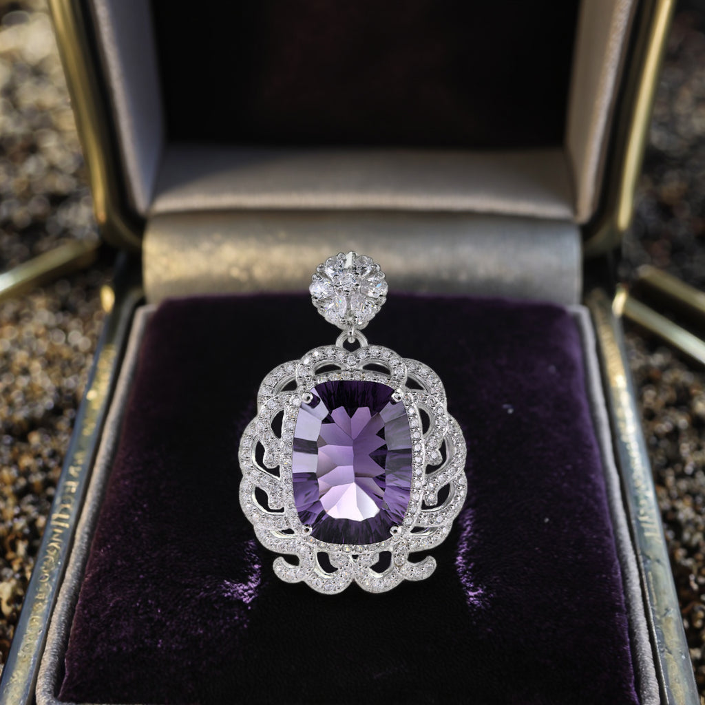 Unique Rhodium Plated 925 Sterling Silver Natural Amethyst Pendant