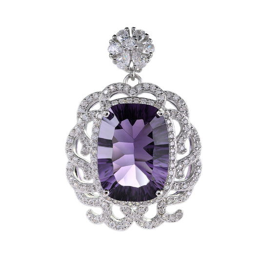 Unique Rhodium Plated 925 Sterling Silver Natural Amethyst Pendant