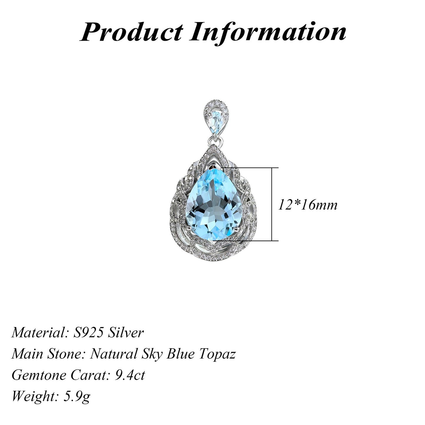 Charming Rhodium Plated 925 Sterling Silver Natural Sky Blue Topaz Pendant