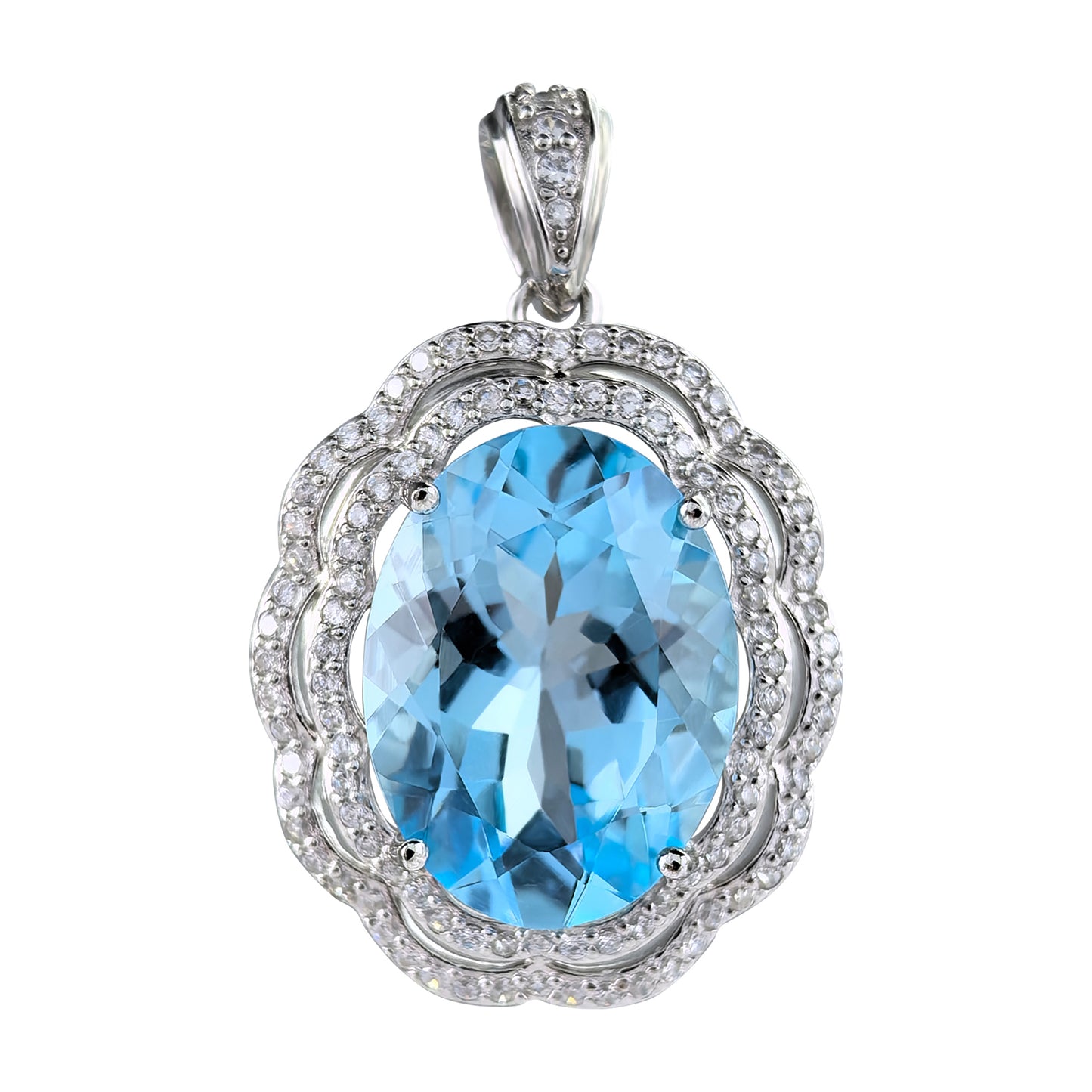 Gorgeous Rhodium Plated 925 Silver Natural Sky Blue Topaz Flower Pendant