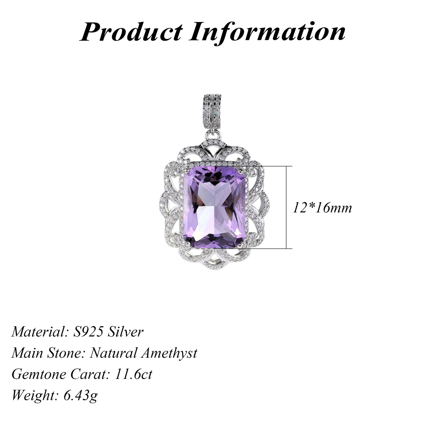 Noble Rhodium Plated Silver 925 Jewelry Natural Amethyst Pendant