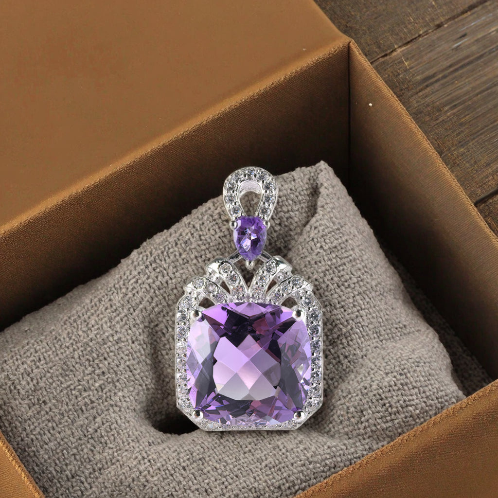 Romantic Rhodium Plated Silver 925 Cushion Cut Natural Amethyst Pendant