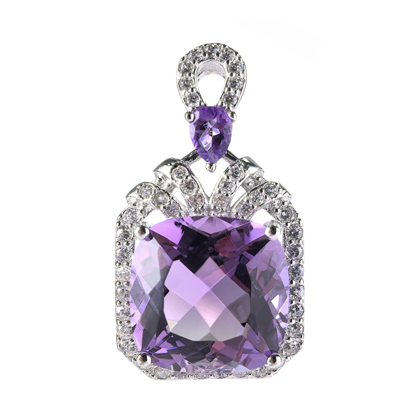 Romantic Rhodium Plated Silver 925 Cushion Cut Natural Amethyst Pendant