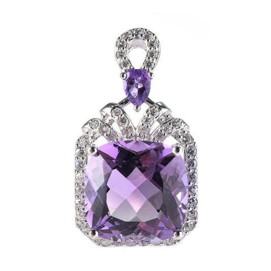 Romantic Rhodium Plated Silver 925 Cushion Cut Natural Amethyst Pendant