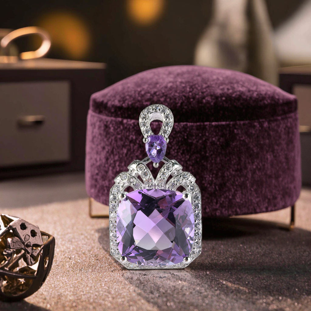 Romantic Rhodium Plated Silver 925 Cushion Cut Natural Amethyst Pendant
