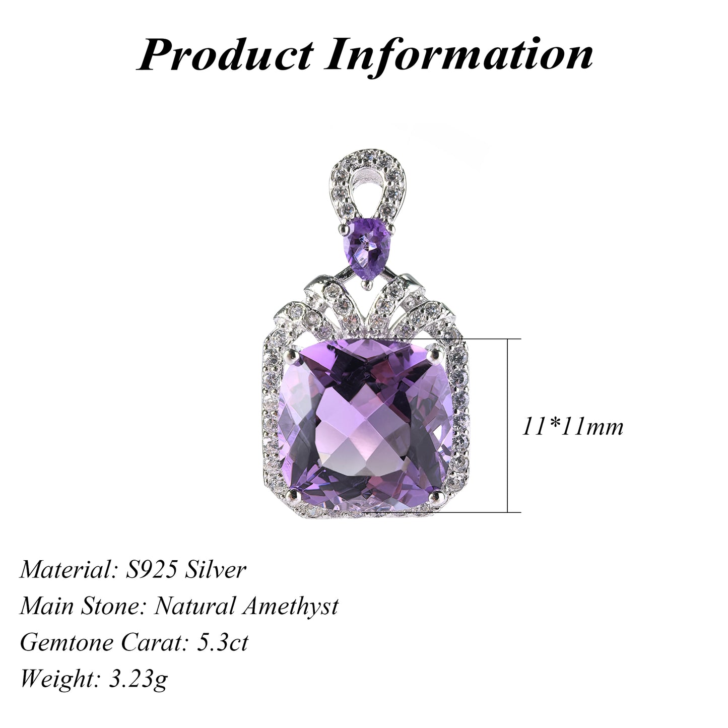 Romantic Rhodium Plated Silver 925 Cushion Cut Natural Amethyst Pendant