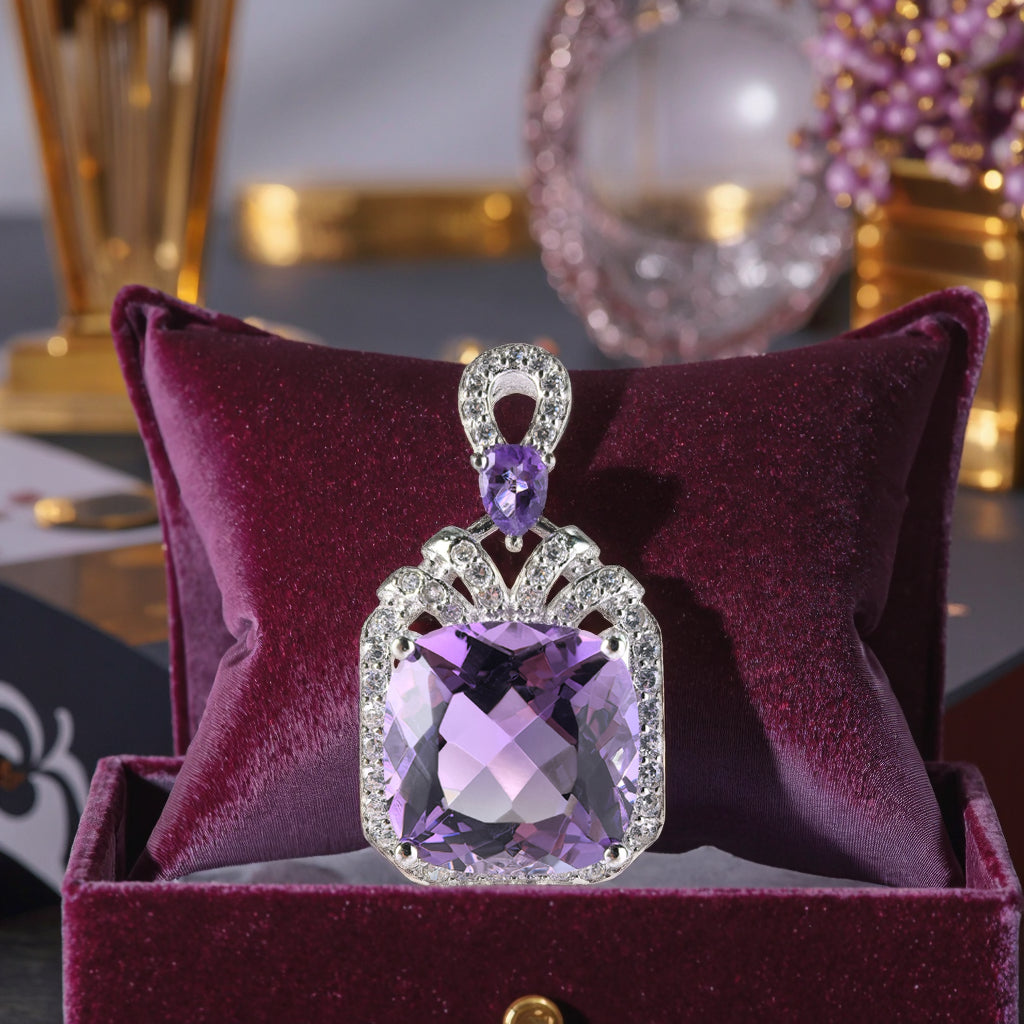 Romantic Rhodium Plated Silver 925 Cushion Cut Natural Amethyst Pendant