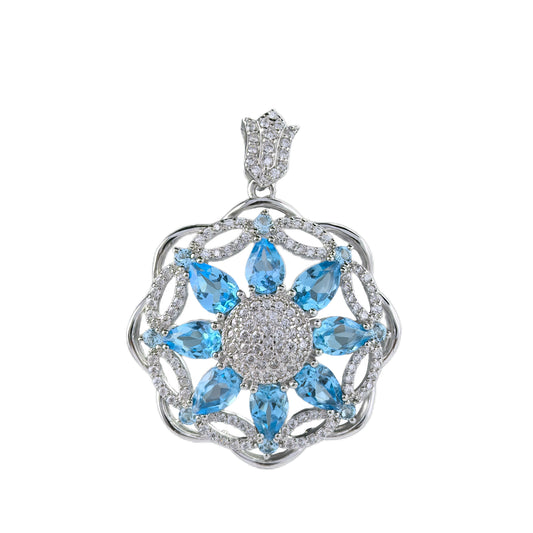 Delicate Rhodium Plated 925 Sterling Silver Natural Swiss Blue Topaz Flower Pendant