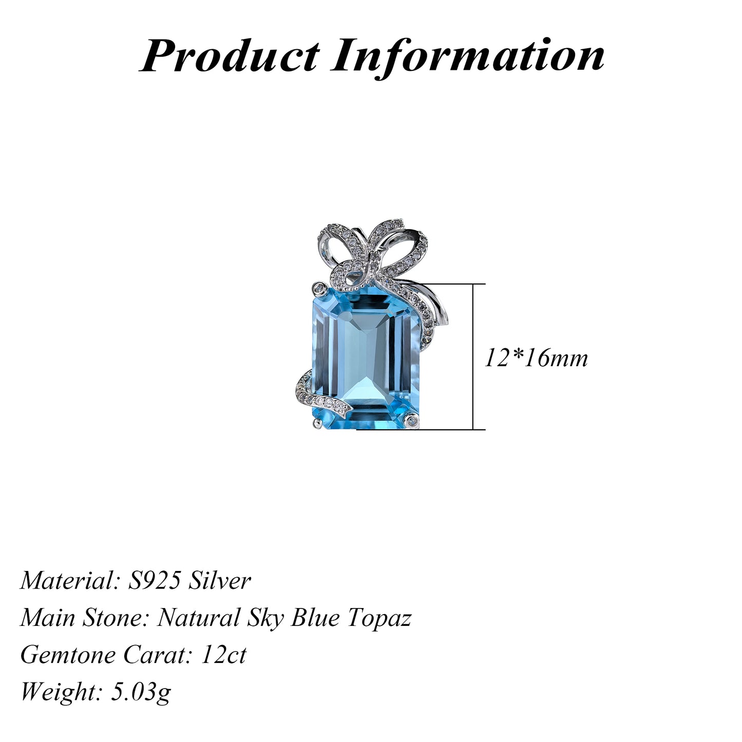 Elegant Rhodium Plated 925 Sterling Silver Natural Sky Blue Topaz Bow Pendant