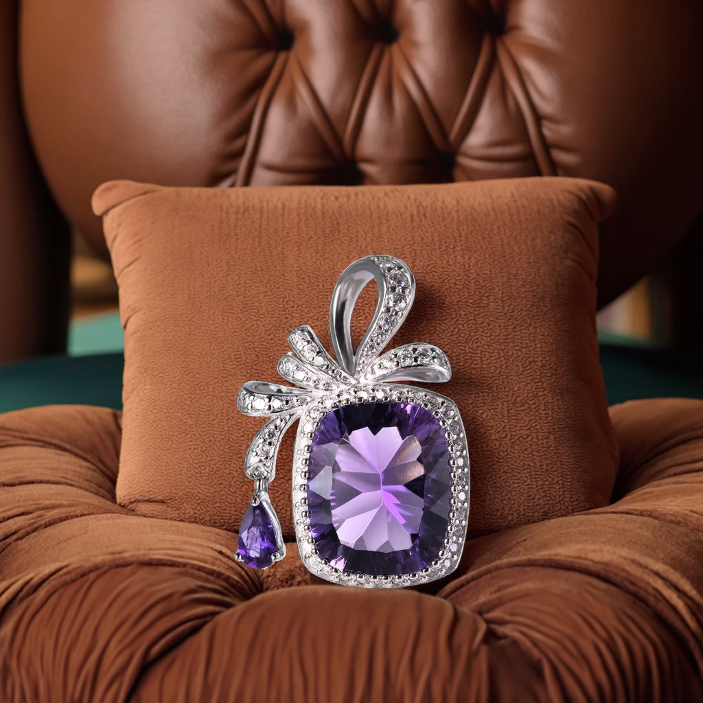 Charming Rhodium Plated Natural Amethyst Cushion Cut Pendant Sterling Silver 925