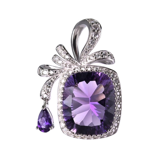 Charming Rhodium Plated Natural Amethyst Cushion Cut Pendant Sterling Silver 925