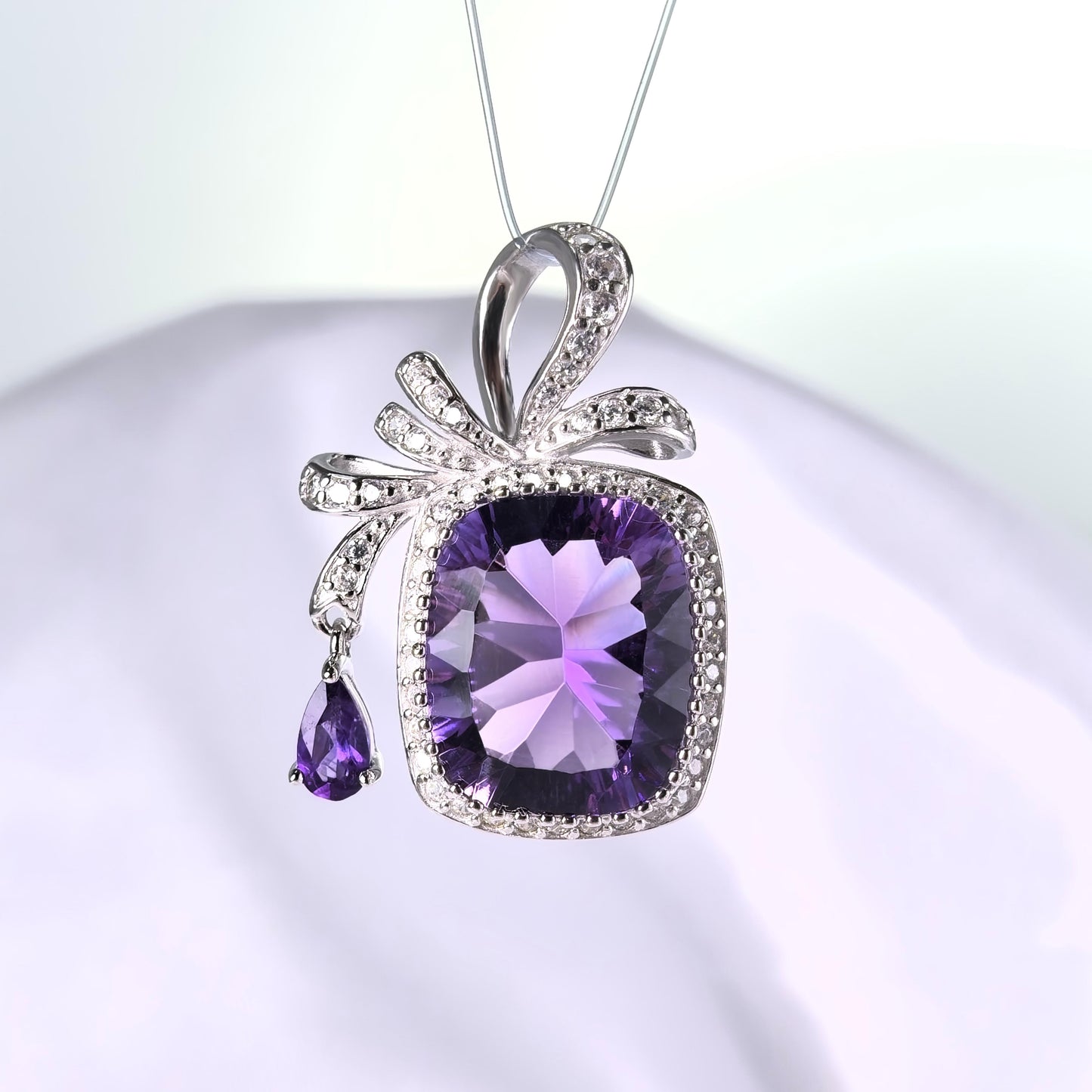 Charming Rhodium Plated Natural Amethyst Cushion Cut Pendant Sterling Silver 925