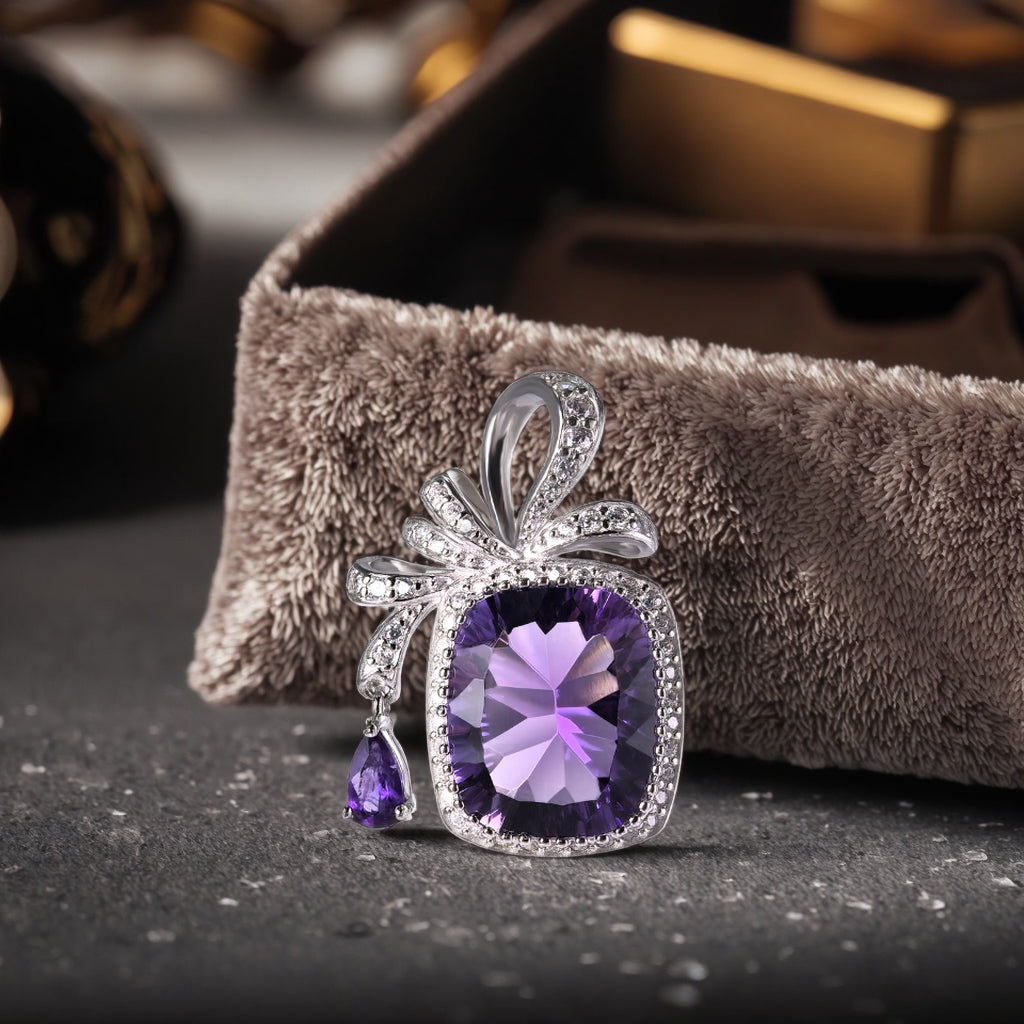 Charming Rhodium Plated Natural Amethyst Cushion Cut Pendant Sterling Silver 925