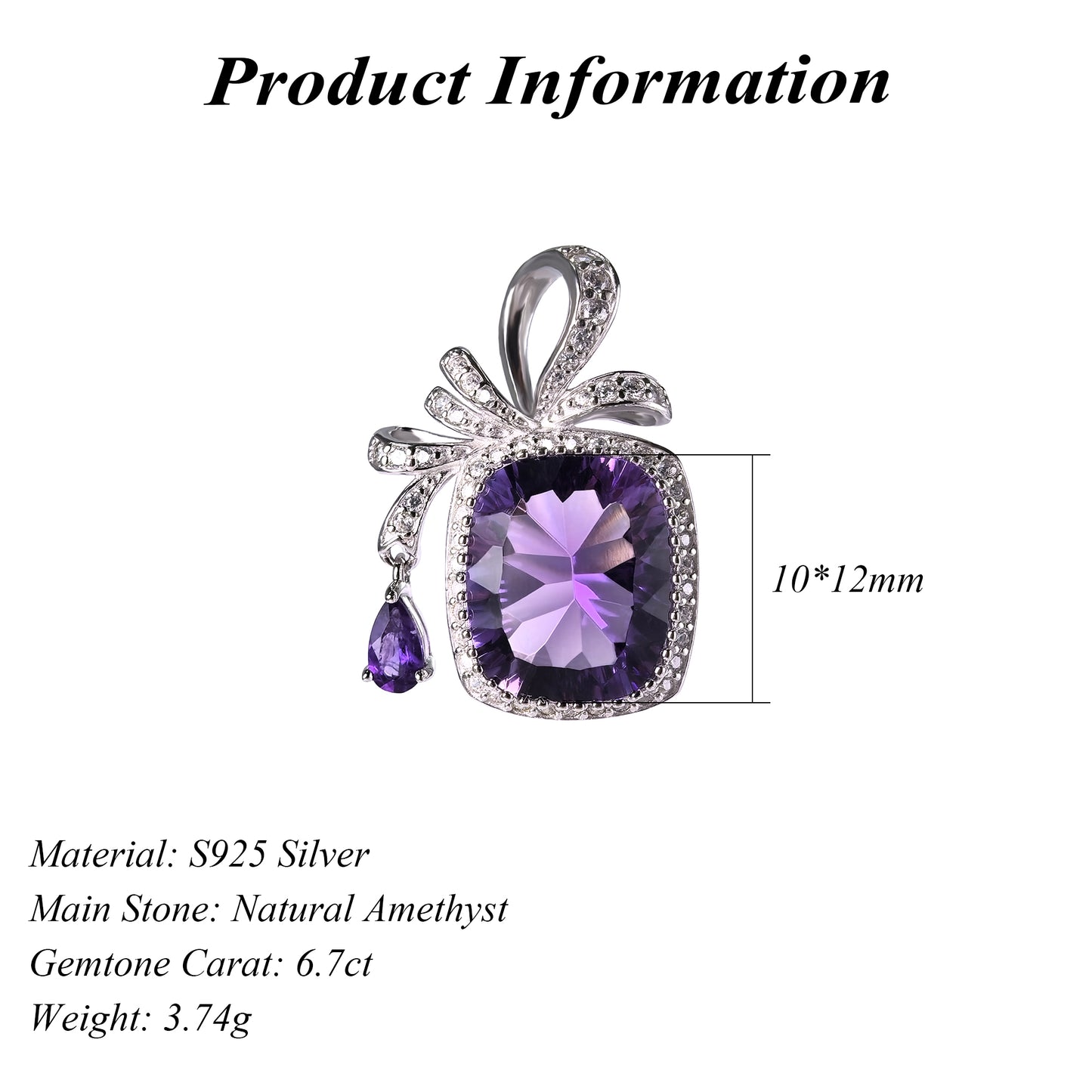 Charming Rhodium Plated Natural Amethyst Cushion Cut Pendant Sterling Silver 925