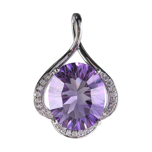 Exquisite Rhodium Plated 925 Sterling Silver Oval Cut Natural Amethyst Pendant