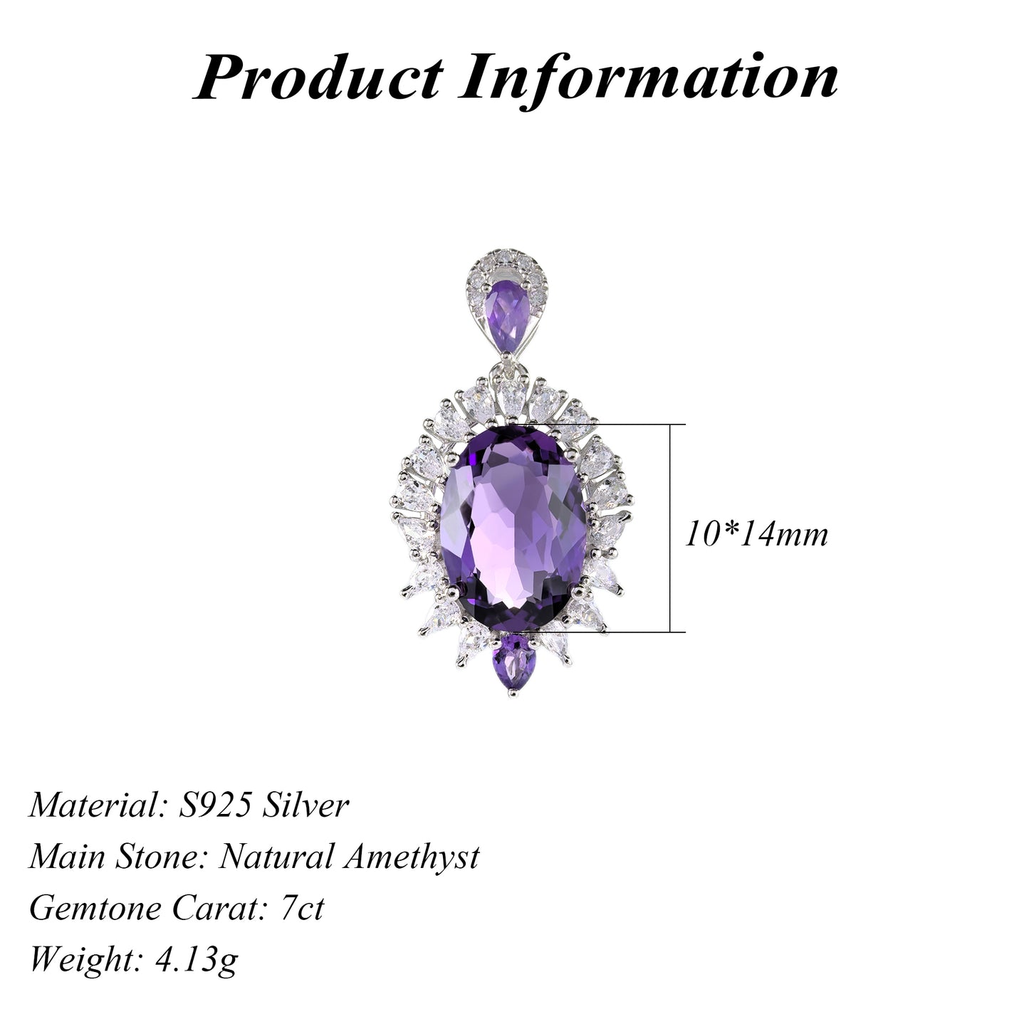 925 Sterling Silver Natural Amethyst Pendant Unique Rhodium Plated