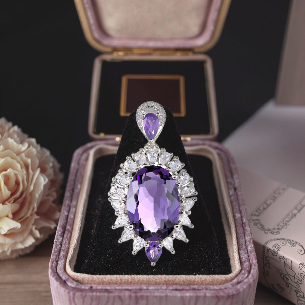 925 Sterling Silver Natural Amethyst Pendant Unique Rhodium Plated