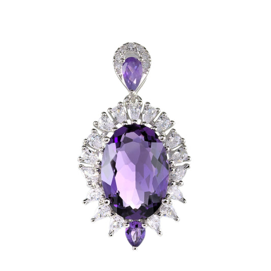 925 Sterling Silver Natural Amethyst Pendant Unique Rhodium Plated
