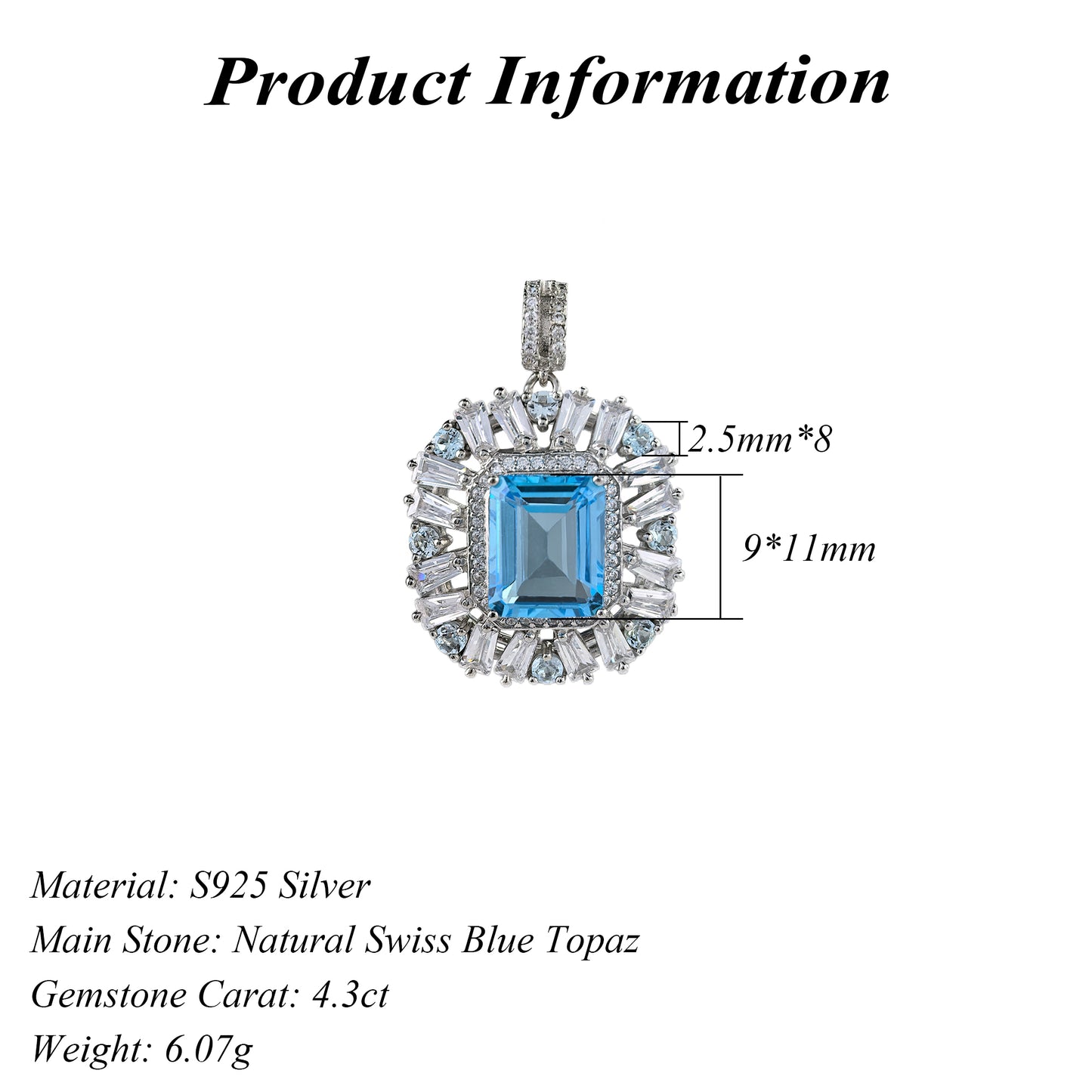 925 Sterling Silver Natural Emerald Cut Swiss Blue Topaz Pendant Unique Rhodium Plated