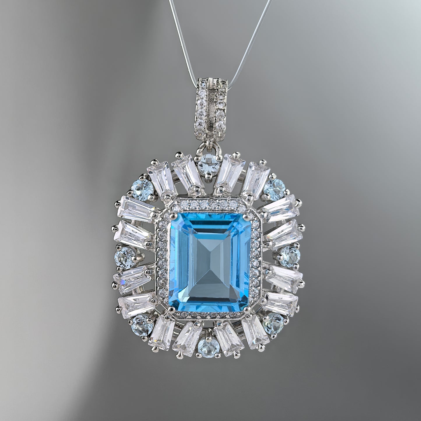 925 Sterling Silver Natural Emerald Cut Swiss Blue Topaz Pendant Unique Rhodium Plated