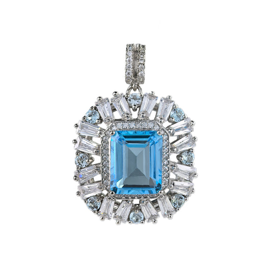 925 Sterling Silver Natural Emerald Cut Swiss Blue Topaz Pendant Unique Rhodium Plated