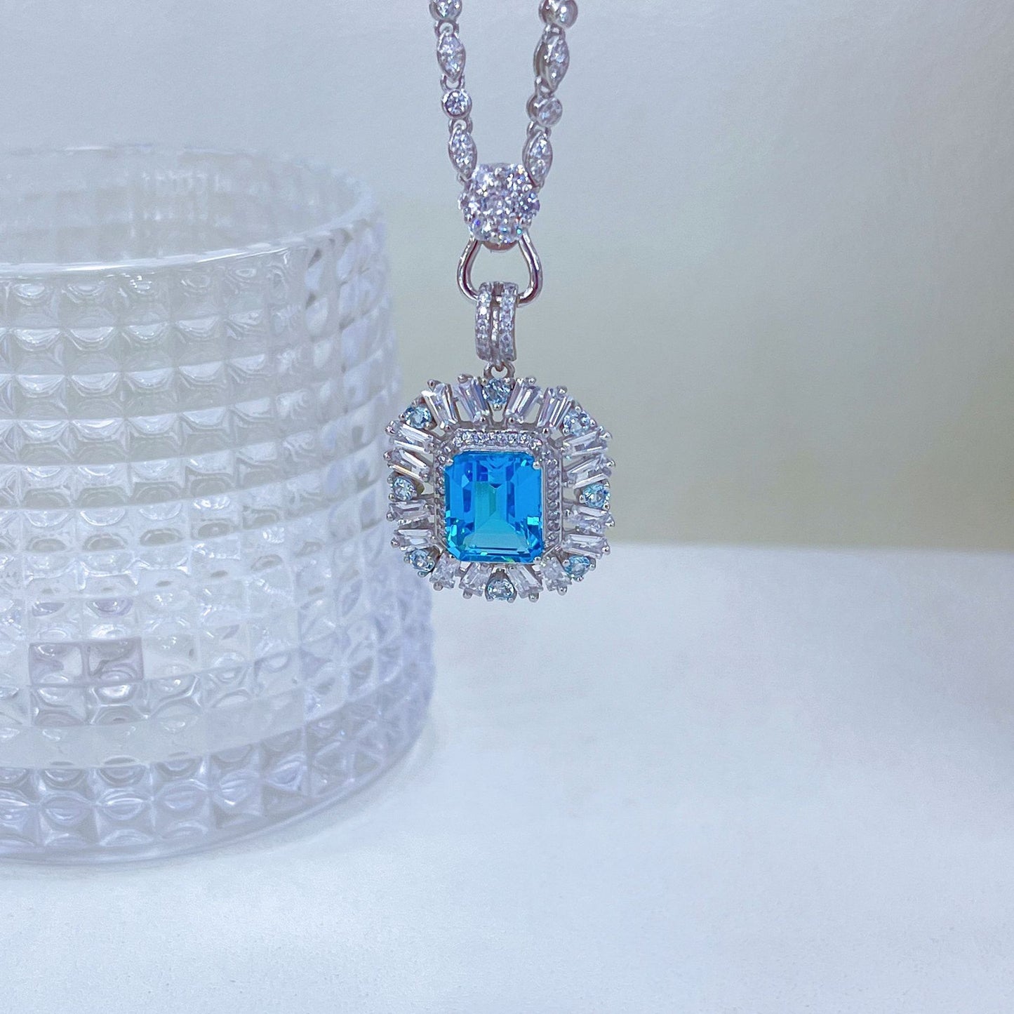 925 Sterling Silver Natural Emerald Cut Swiss Blue Topaz Pendant Unique Rhodium Plated