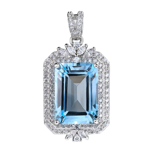 925 Silver Pendant Rhodium Plated with Emerald Cut Natural Sky Blue Topaz