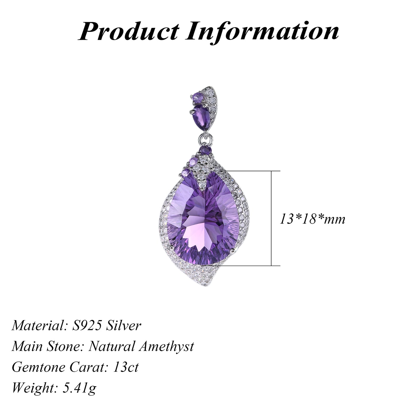Noble Rhodium Plated 925 Sterling Silver Natural Amethyst Pendant