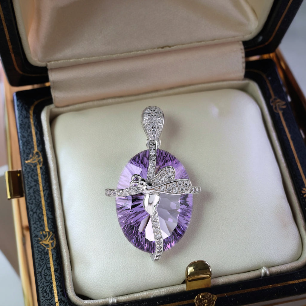 Delicate Rhodium Plated 925 Sterling Silver Natural Amethyst Butterfly Pendant