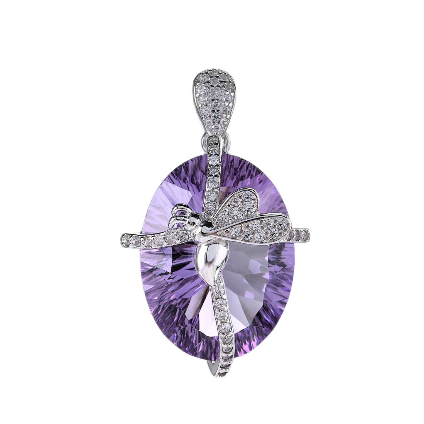 Delicate Rhodium Plated 925 Sterling Silver Natural Amethyst Butterfly Pendant