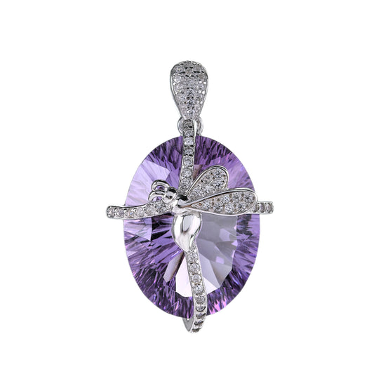 Delicate Rhodium Plated 925 Sterling Silver Natural Amethyst Butterfly Pendant