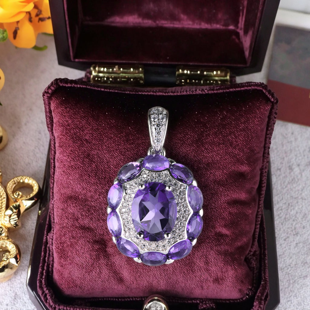 Elegant Rhodium Plated Silver 925 Oval Cut Natural Amethyst Pendant