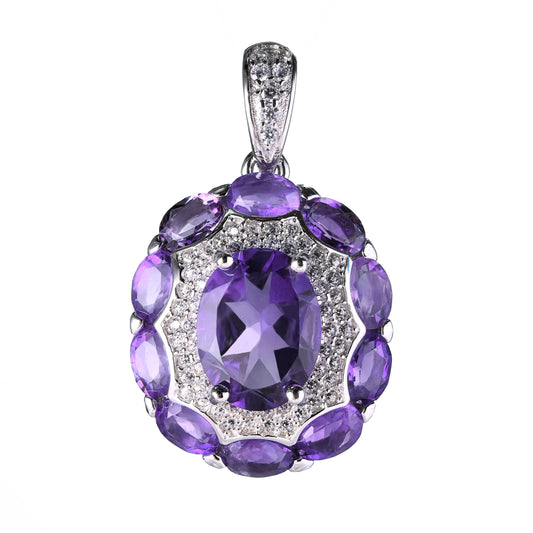 Elegant Rhodium Plated Silver 925 Oval Cut Natural Amethyst Pendant