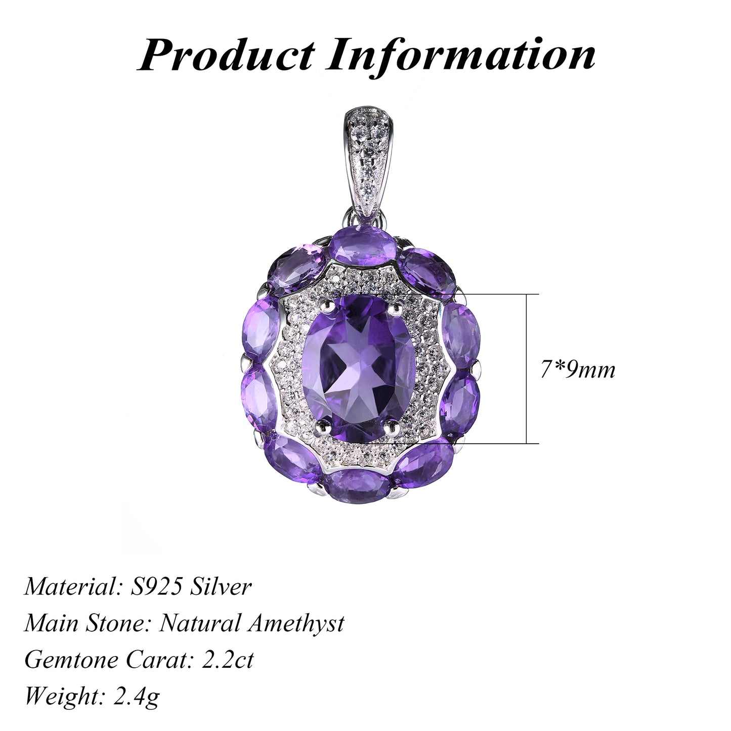 Elegant Rhodium Plated Silver 925 Oval Cut Natural Amethyst Pendant