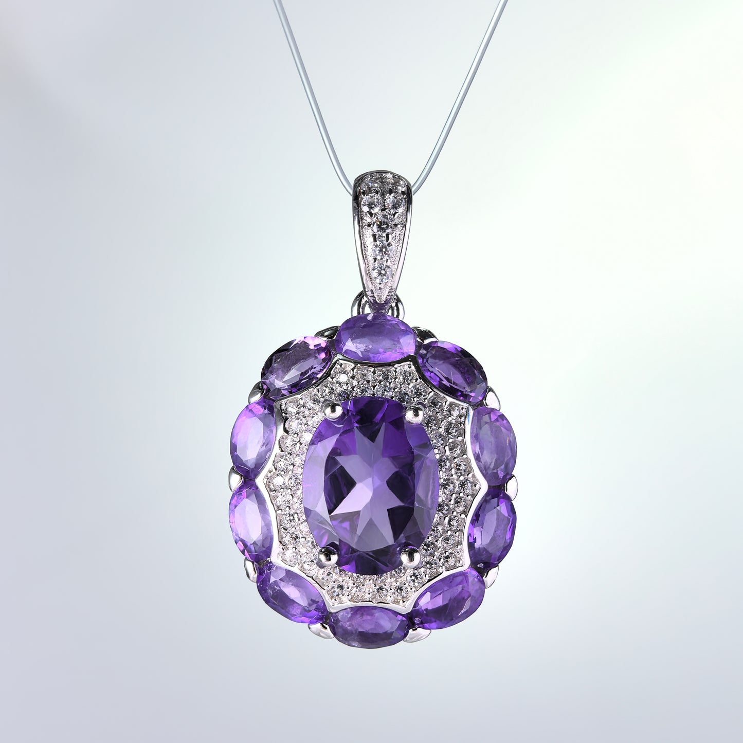 Elegant Rhodium Plated Silver 925 Oval Cut Natural Amethyst Pendant