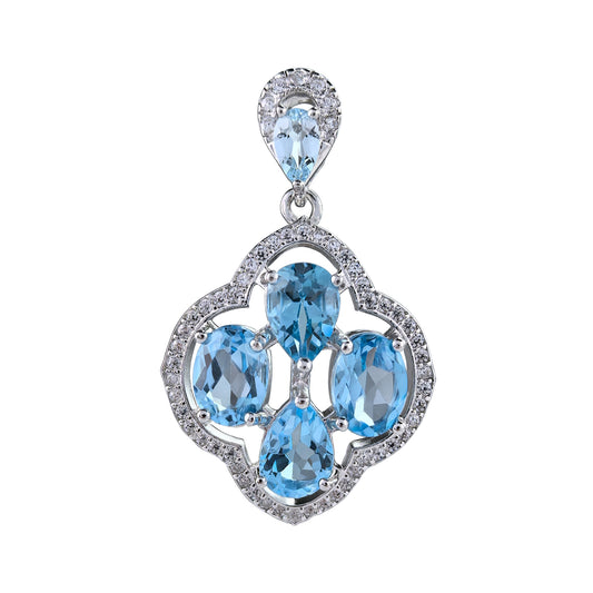 Exquisite 925 Silver Rhodium Plated Pendant with Natural Swiss Blue Topaz