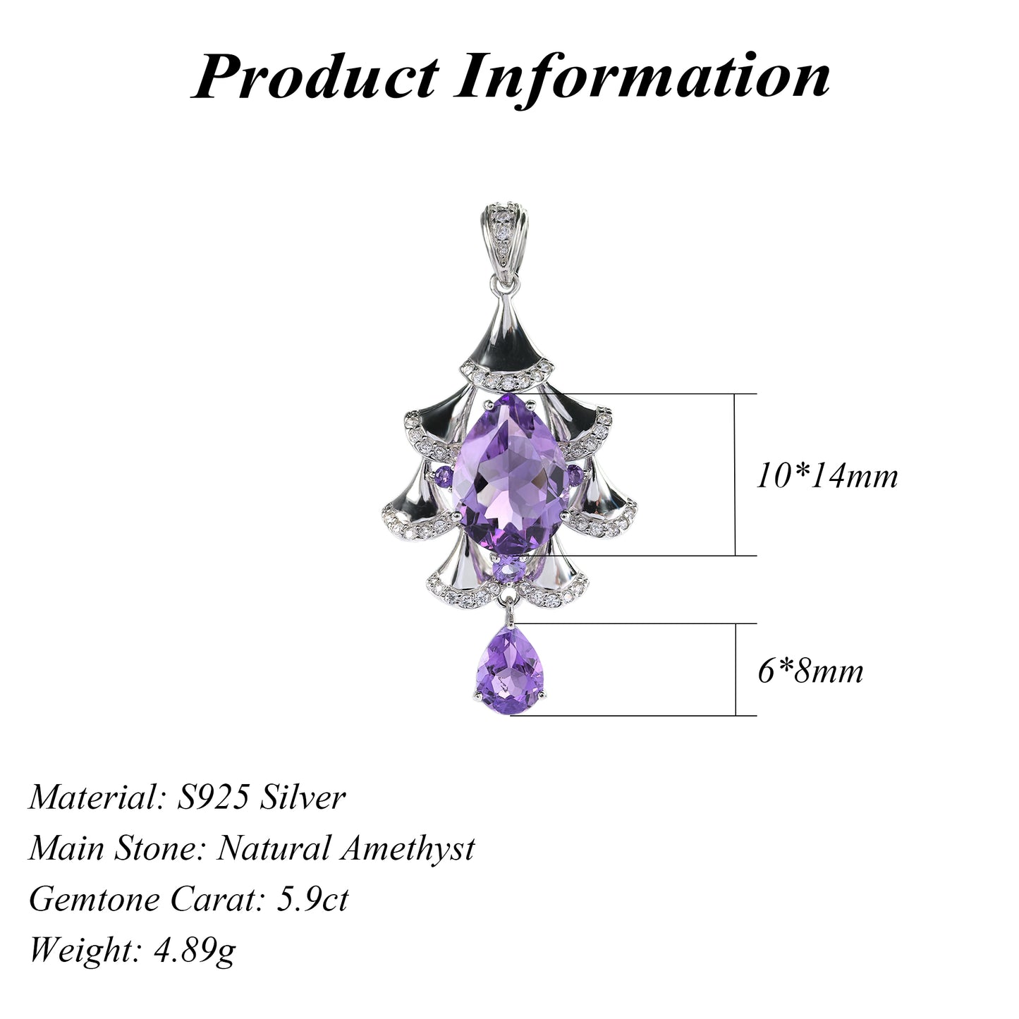 Charming Rhodium Plated 925 Sterling Silver Natural Amethyst Pendant