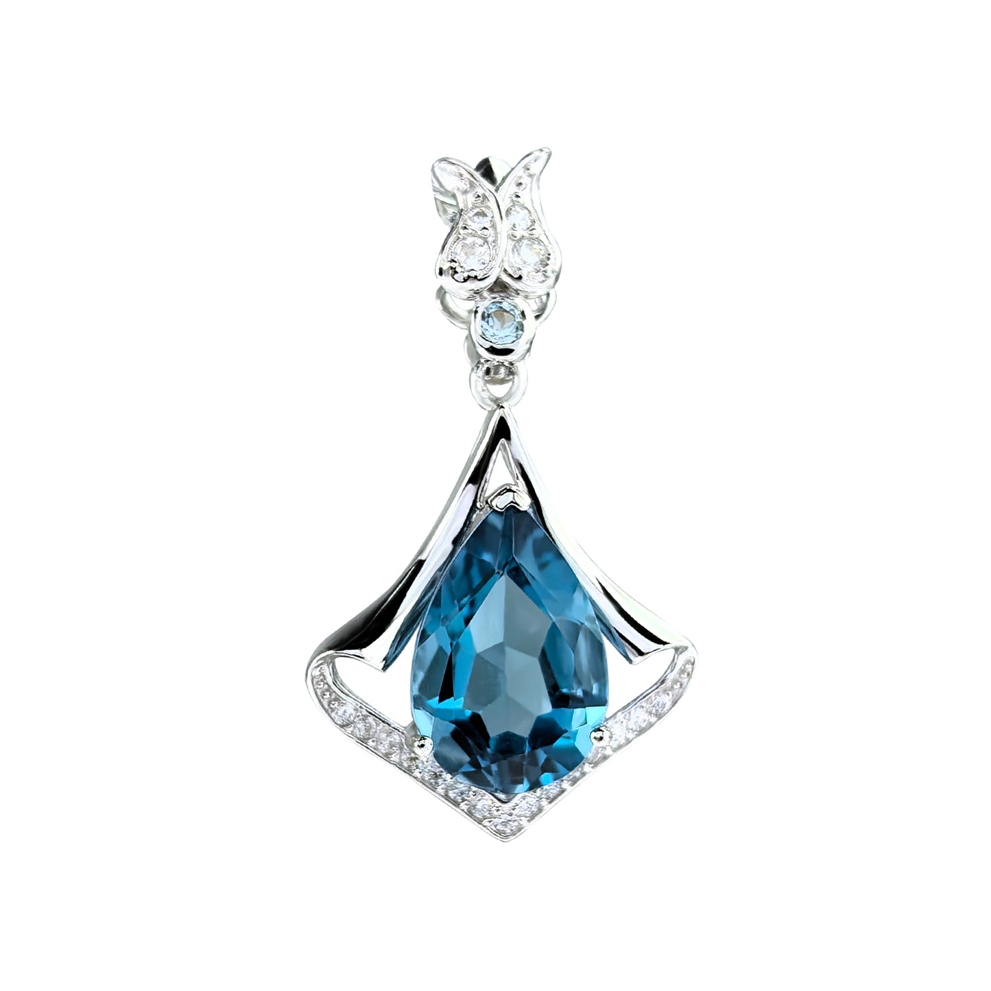 Elegant Rhodium Plated 925 Silver Jewelry Natural London Blue Topaz Pendant