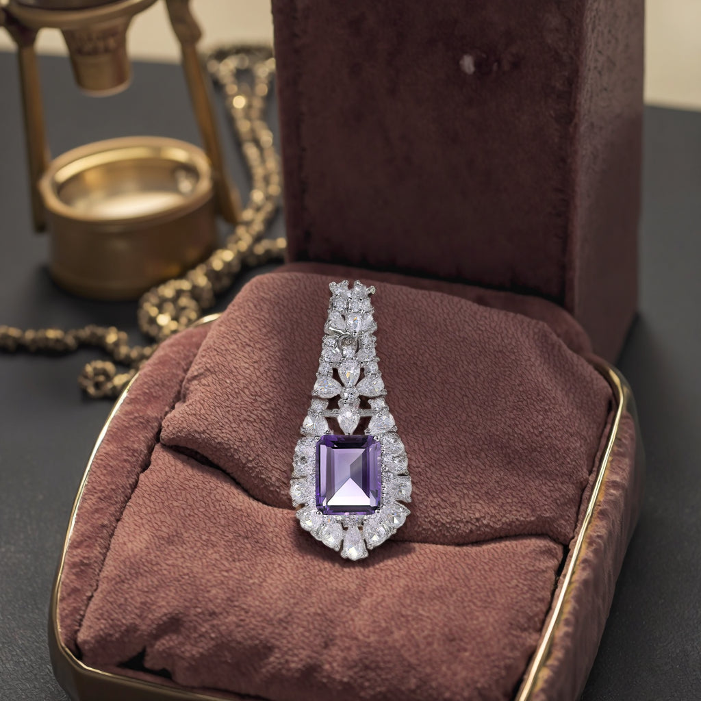 Elegant 925 Silver Rhodium Plated Pendant Emerald Cut Natural Amethyst