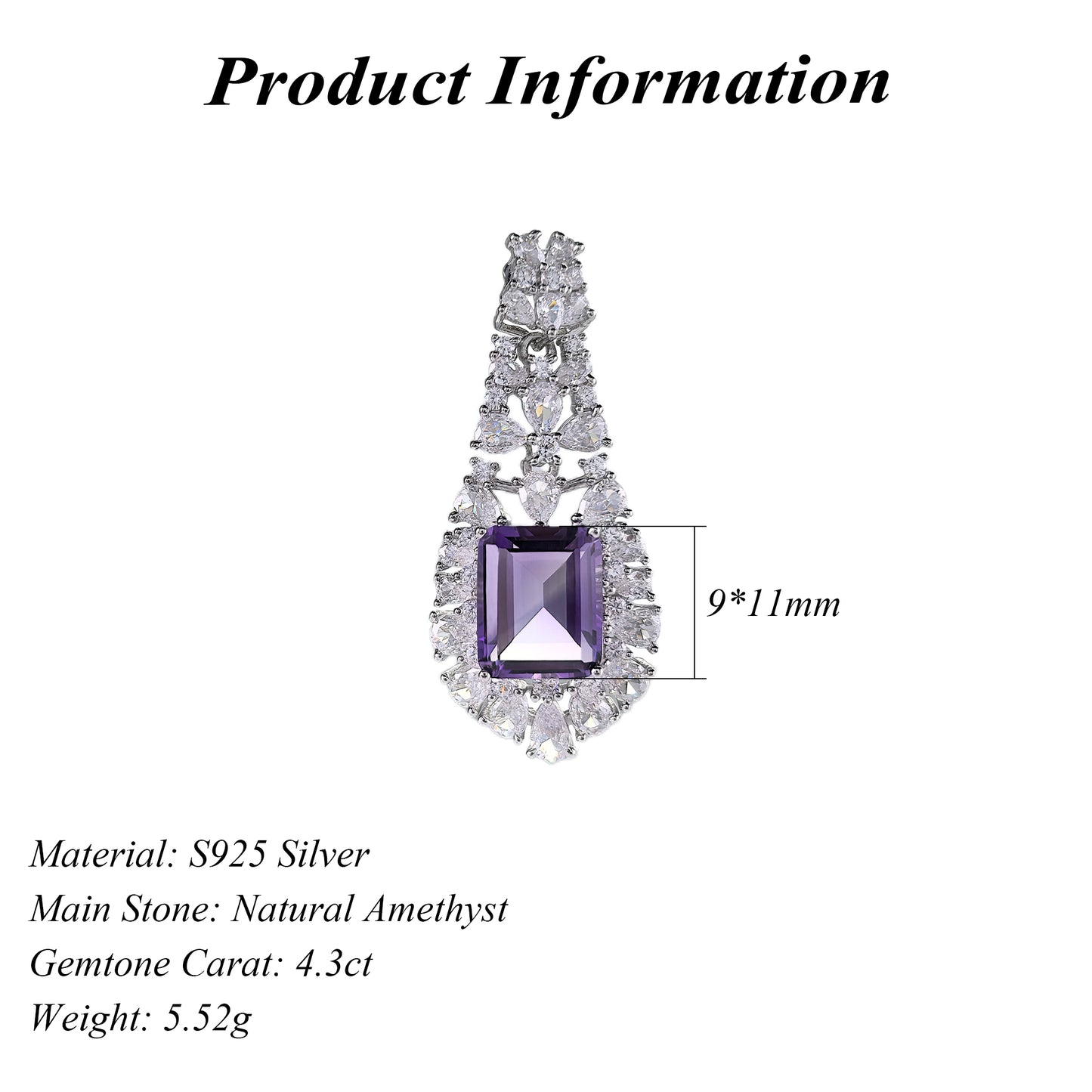 Elegant 925 Silver Rhodium Plated Pendant Emerald Cut Natural Amethyst