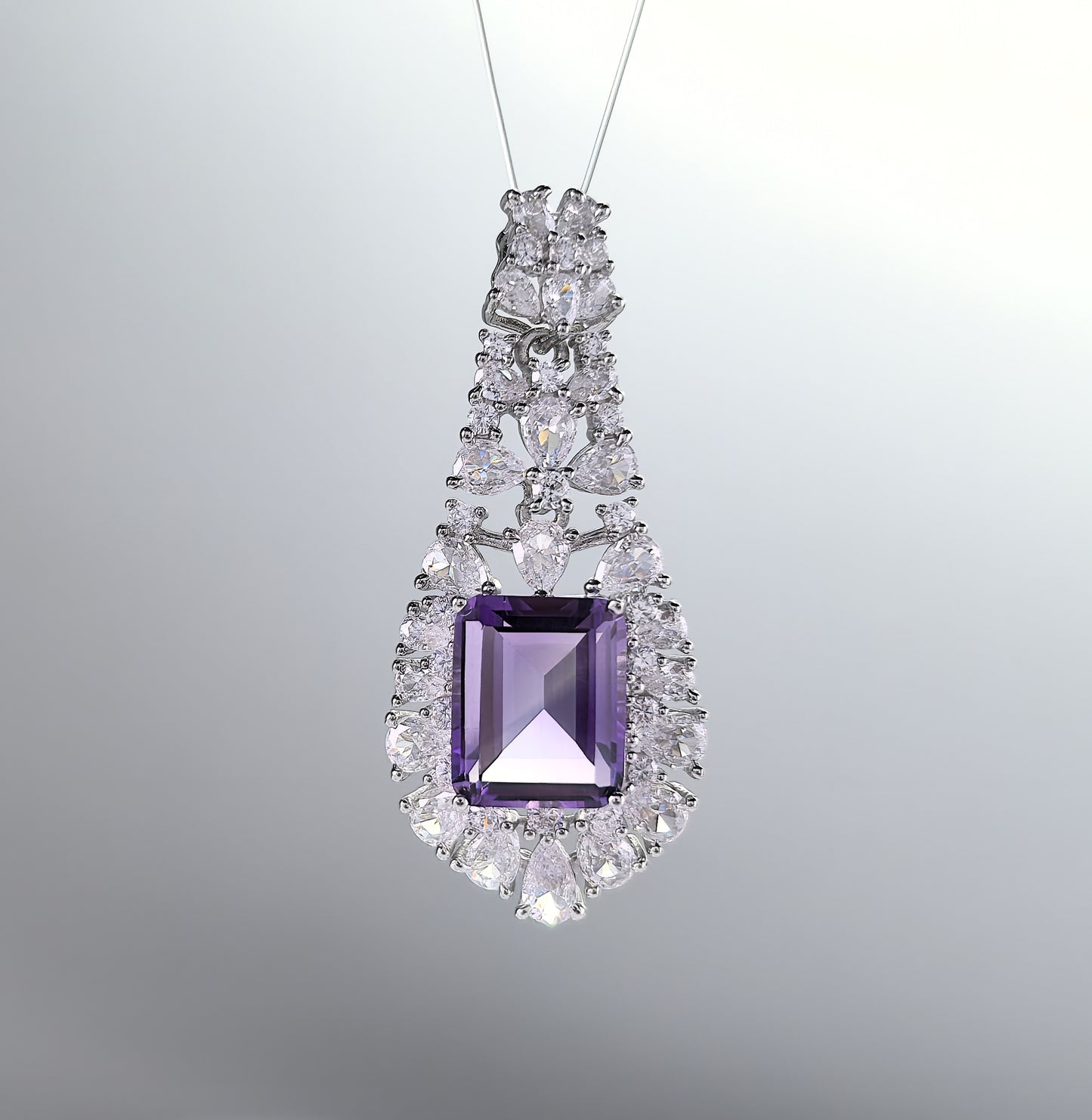 Elegant 925 Silver Rhodium Plated Pendant Emerald Cut Natural Amethyst