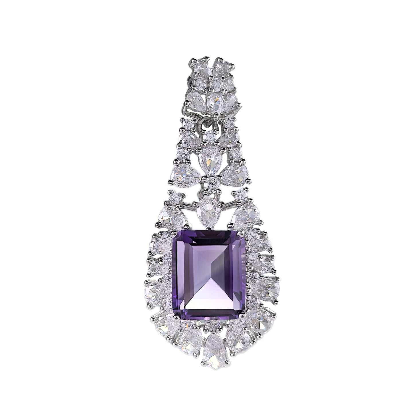 Elegant 925 Silver Rhodium Plated Pendant Emerald Cut Natural Amethyst
